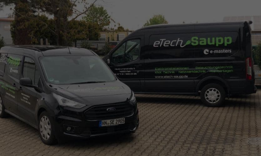 Beschriftete Firmenfahrzeuge von eTech Saupp, Elektriker aus Flein bei Heilbronn